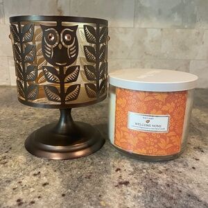 Bath & Body Works Welcome Home  3-Wick Fall Candle-NEW-Metallic Candle Stand-EUC